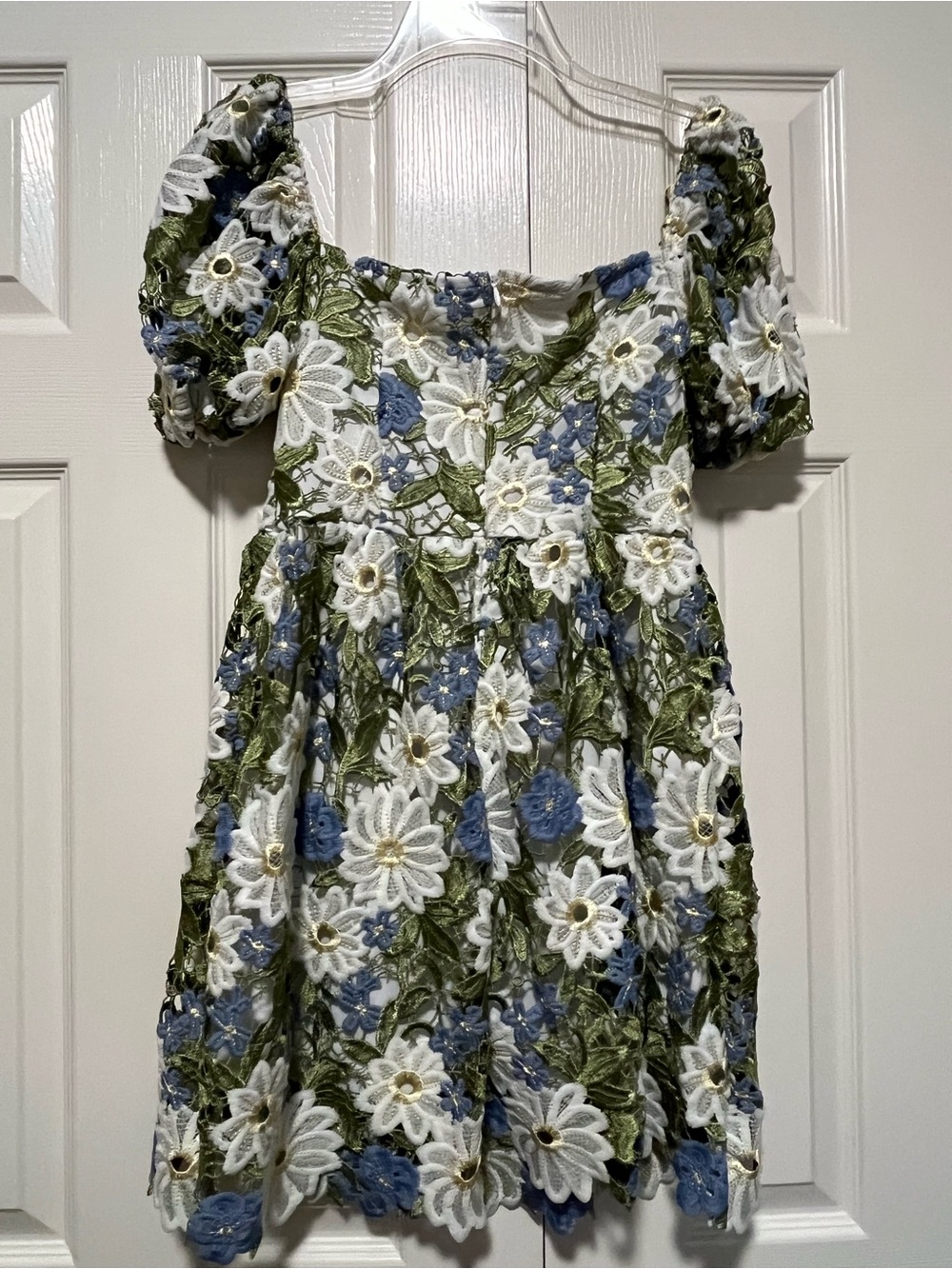 Floral Lace Mini Dress in Olive Green, White & Blue